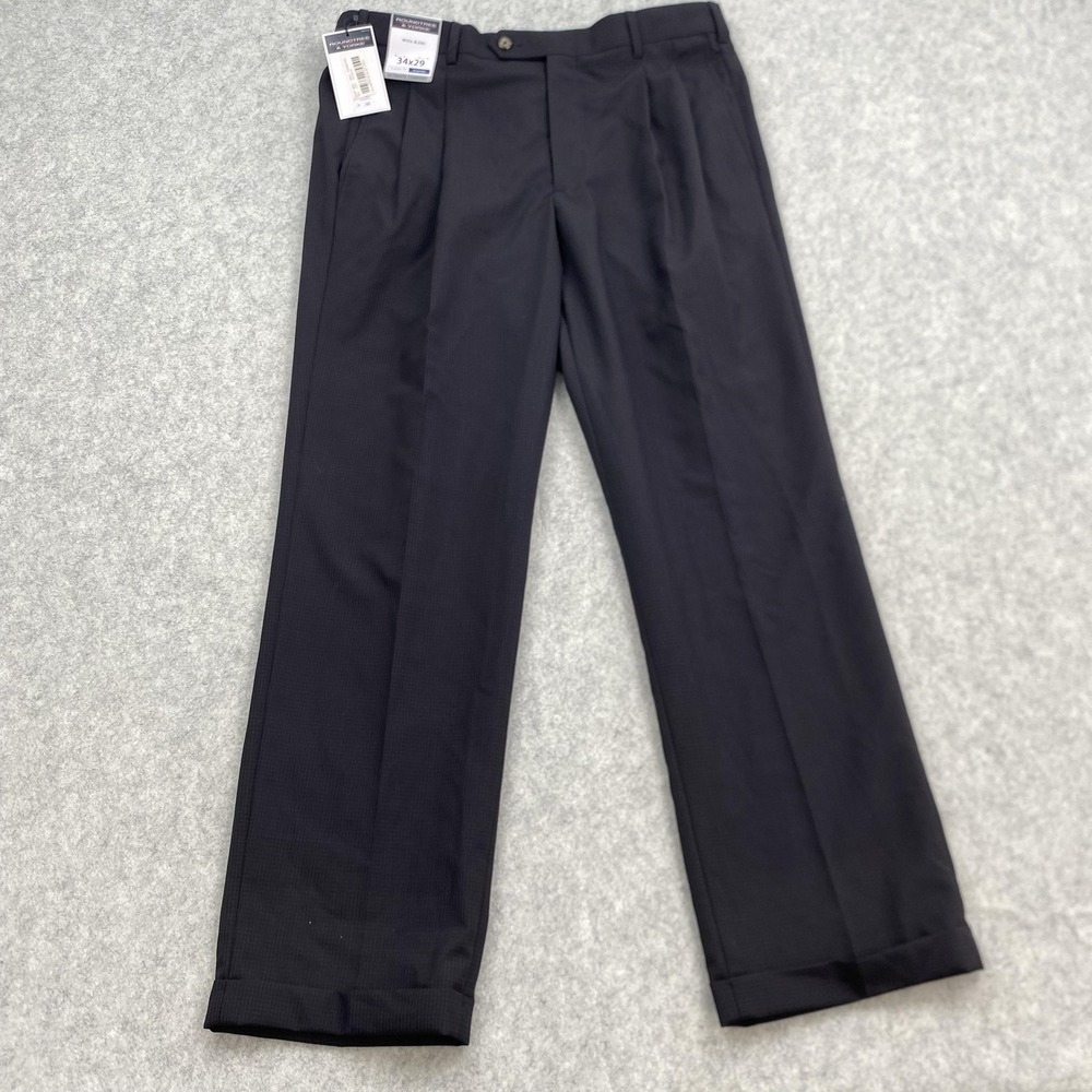 Roundtree & Yorke Pants Mens 34x29 (34x28) Gray Wool Blend Pleated Dress Slacks